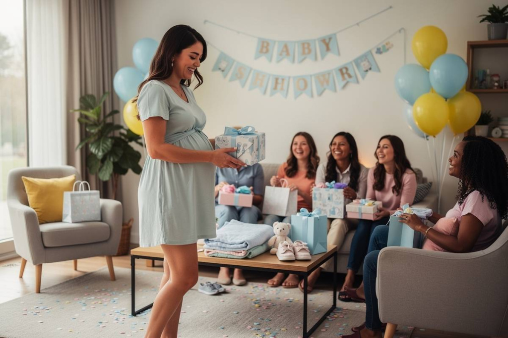 jeune femme offrant un cadeau à la future maman pendant une baby shower